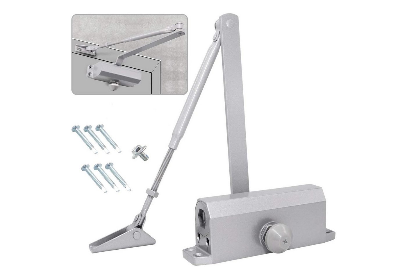 BlingBin Türschließer 25-45kg Türschließer Automatik Hydraulik, Einstellbarer Türschließer, mit Gestänge, (1pcs/Set, 1-tlg., Türschließer aus Aluminium, Silber), Puffer Geschlossen für Gewerbliche und Private Zuhause von BlingBin