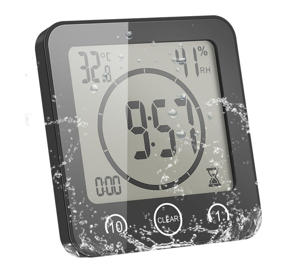 BlingBin Uhr Digitaluhr Luftfeuchtigkeit Temperatur Digitaluhr Timeruhr LCD Display (IP24 Wasserdichte Touch Control Timer Alarm für Küche Badezimmer) von BlingBin