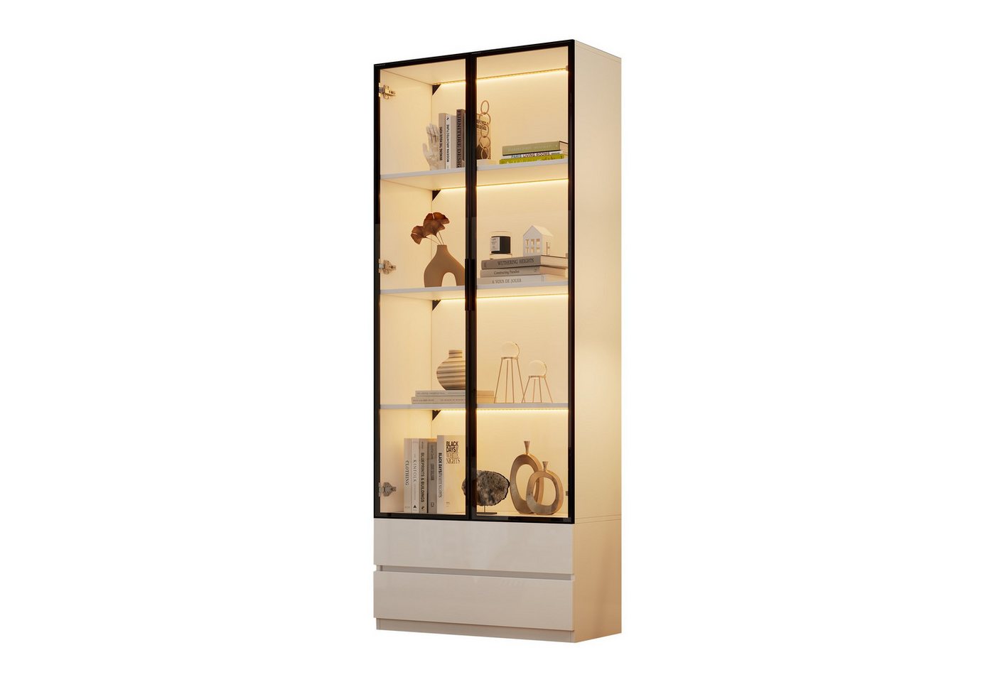 BlingBin Vitrine Glasvitrine Hochschrank mit LED-Leuchten, Aufbewahrungsregale (80 x 34 x 200 cm Standvitrine, 1-St., Wohnzimmer-Beistellschrank mit 2 Türen) Vitrinenschränke mit 2 Schubladen, Bücherregal, Aluminiumrahmen von BlingBin