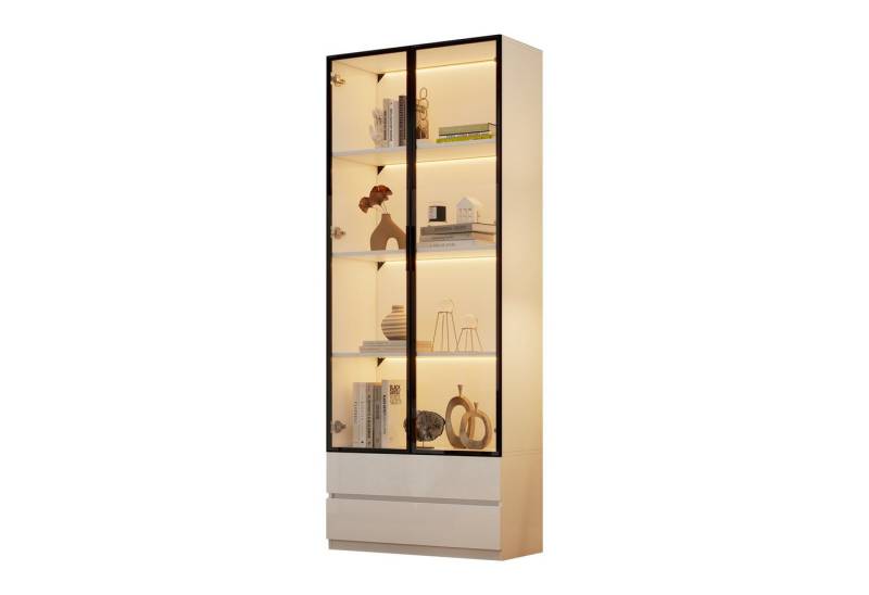 BlingBin Vitrine Glasvitrine Hochschrank mit LED-Leuchten, Aufbewahrungsregale (80 x 34 x 200 cm Standvitrine, 1-St., Wohnzimmer-Beistellschrank mit 2 Türen) Vitrinenschränke mit 2 Schubladen, Bücherregal, Aluminiumrahmen von BlingBin