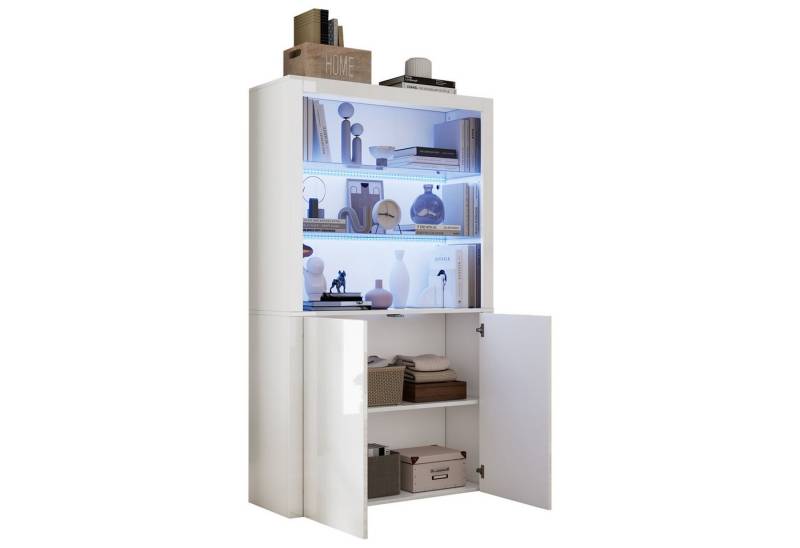 BlingBin Vitrine Hochglanz-Aufbewahrungsschrank, Vitrinenschränke mit LED-Leuchten (Sofa-Sideboard mit 2 Türen und 3 Offene Fächer, Displayschicht aus gehärtetem Glas, 1-St., Gesamtgröße: 100*35*170cm, Produktladung: 80KG) Vertikaler Hochschrank für Wohnzimmer Esszimmer, MDF, Weiß von BlingBin