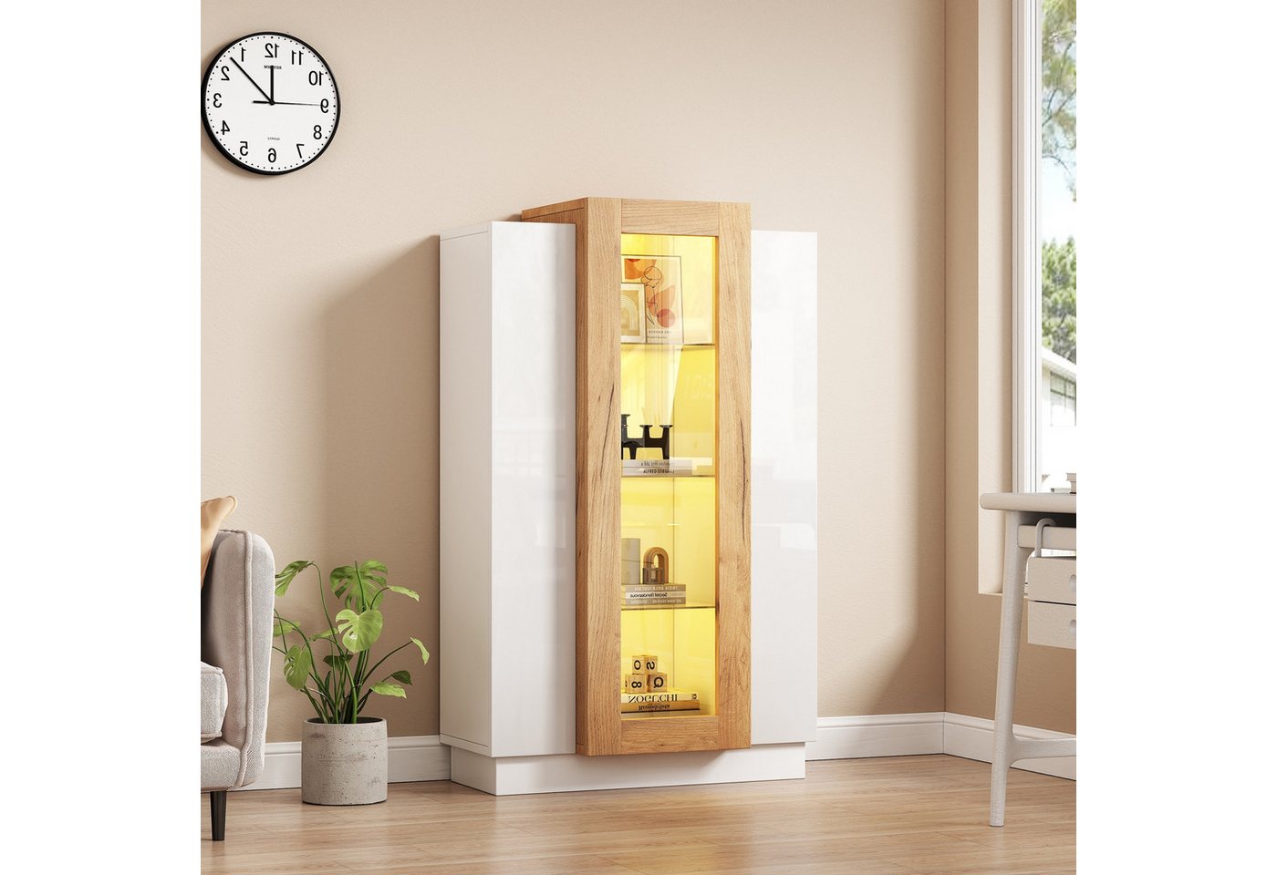 BlingBin Vitrine Hochglanz Vitrinenschränke Standvitrine Stauraumvitrine Hochschrank (Aufbewahrungsschrank mit 3 Türen und 3 Glasablagen, Spanplatte & gehärtetes Glas (Trennwand) & Acryl (Vordertür), 1-St., Größe: 74*40*120cm, Wohnzimmerschrank mit LED-Beleuchtung) Bücherschrank mit Transparente Türen für Wohnzimmer, Weiß & Natur von BlingBin