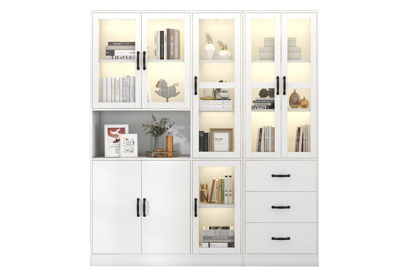 BlingBin Vitrine Hochschrank Standvitrine mit LED-Licht, Vitrinenschrank Bücherschrank (Kombivitrinen-Set mit 6 Acryltüren, 2 Holztüren, 1 offener Bereich und 3 Schubladen, 1-St., 180*40*200 cm, Gewichtskapazität: 50KG) Bücherregal-Robuste Konstruktion für Wohnzimmer, Schlafzimmer, Weiß von BlingBin
