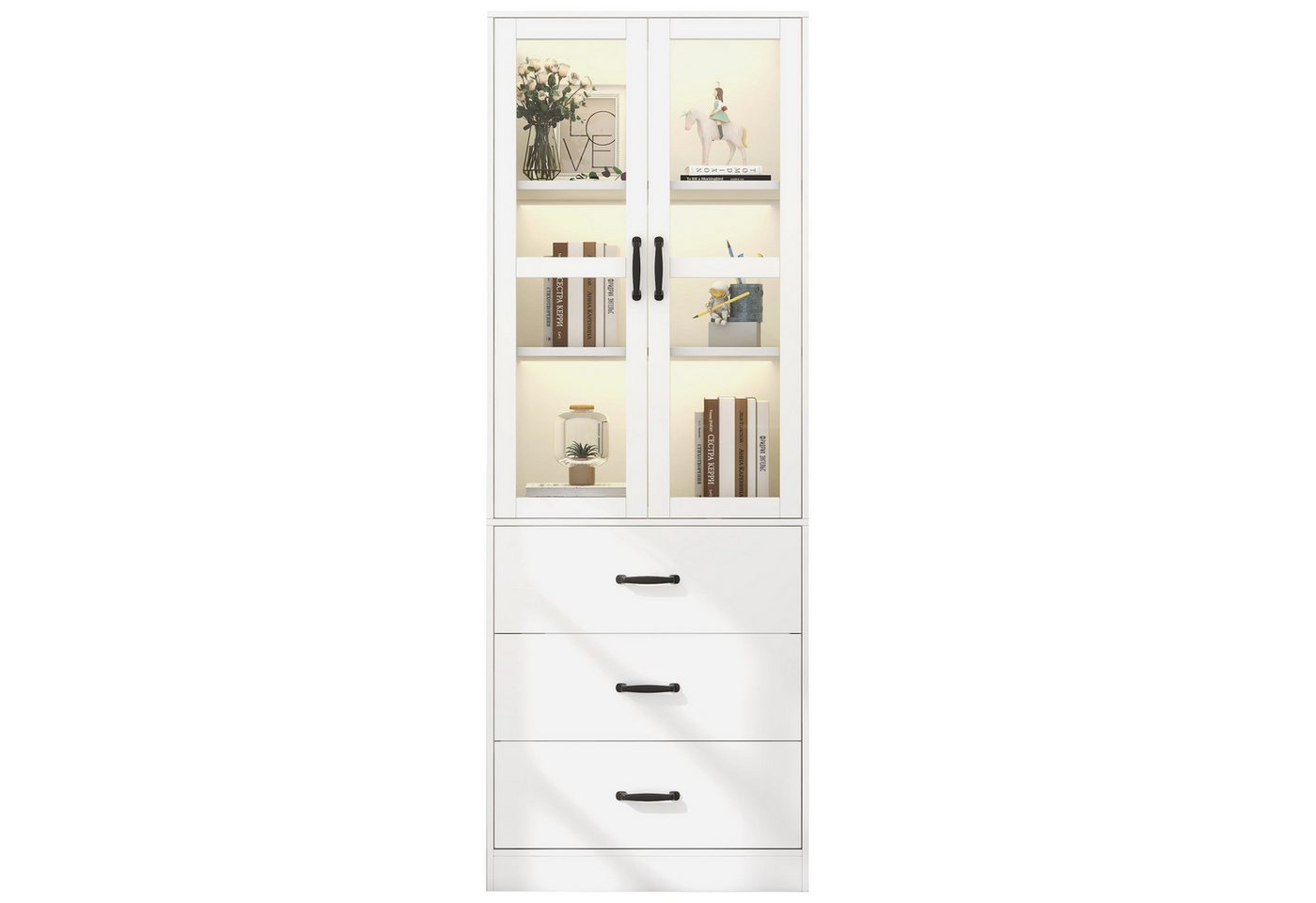 BlingBin Vitrine Hochschrank Standvitrine mit LED-Licht, Vitrinenschrank Bücherschrank (Vitrine mit 3 Schubladen und 2 Beweglichen Trennwänden, 2 Glastüren, 1-St., 60*40*200 cm, Gewichtskapazität: 50KG) Bücherregal-Robuste Konstruktion für Wohnzimmer, Schlafzimmer, Weiß von BlingBin