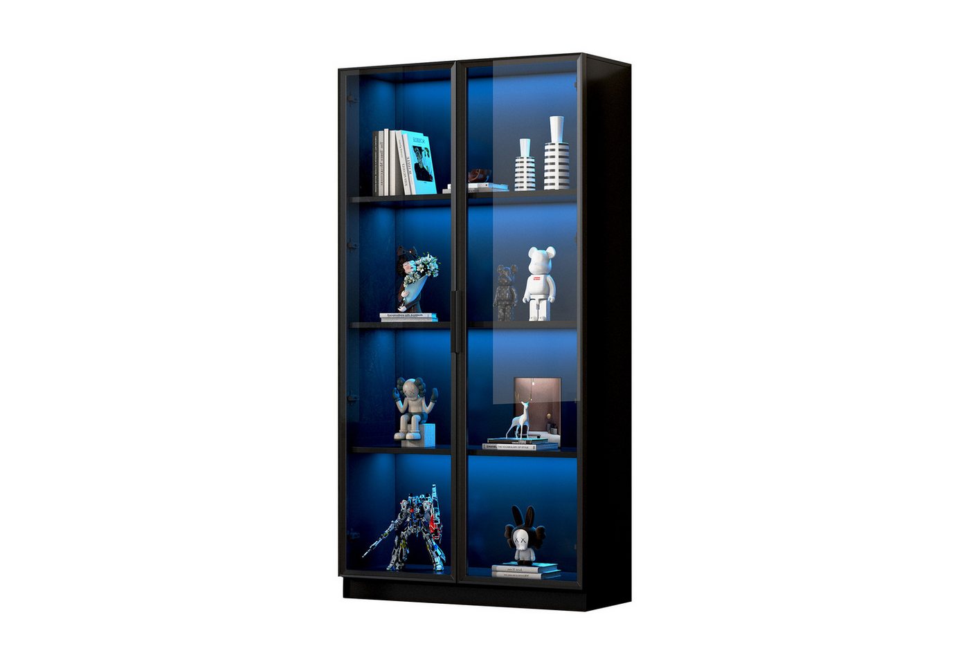 BlingBin Vitrine Moderne Glasvitrine Vitrinenschränke Standvitrine Stauraumvitrine (Aufbewahrungsschrank mit LED-Beleuchtung, Beweglichen Einlegeböden und 8 Fächer, 1-St., Maße: 80*40*160 cm, Glastür mit Aluminiumrahmen) Hochschrank für Wohnzimmer, Arbeitszimmer, Spanplatte, Schwarz von BlingBin
