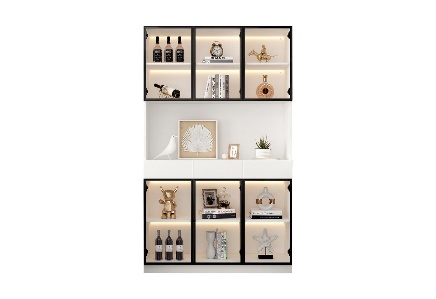 BlingBin Vitrine Moderne Minimalistische Standvitrine mit Glastüren und LED-Leuchten (1er Set, 1-St., 120*36*200cm, Belastung des Produkts: 90KG) Storage Bücherregal für Wohnzimmer Büro, Weiß - Schwarzer Türrahmen von BlingBin