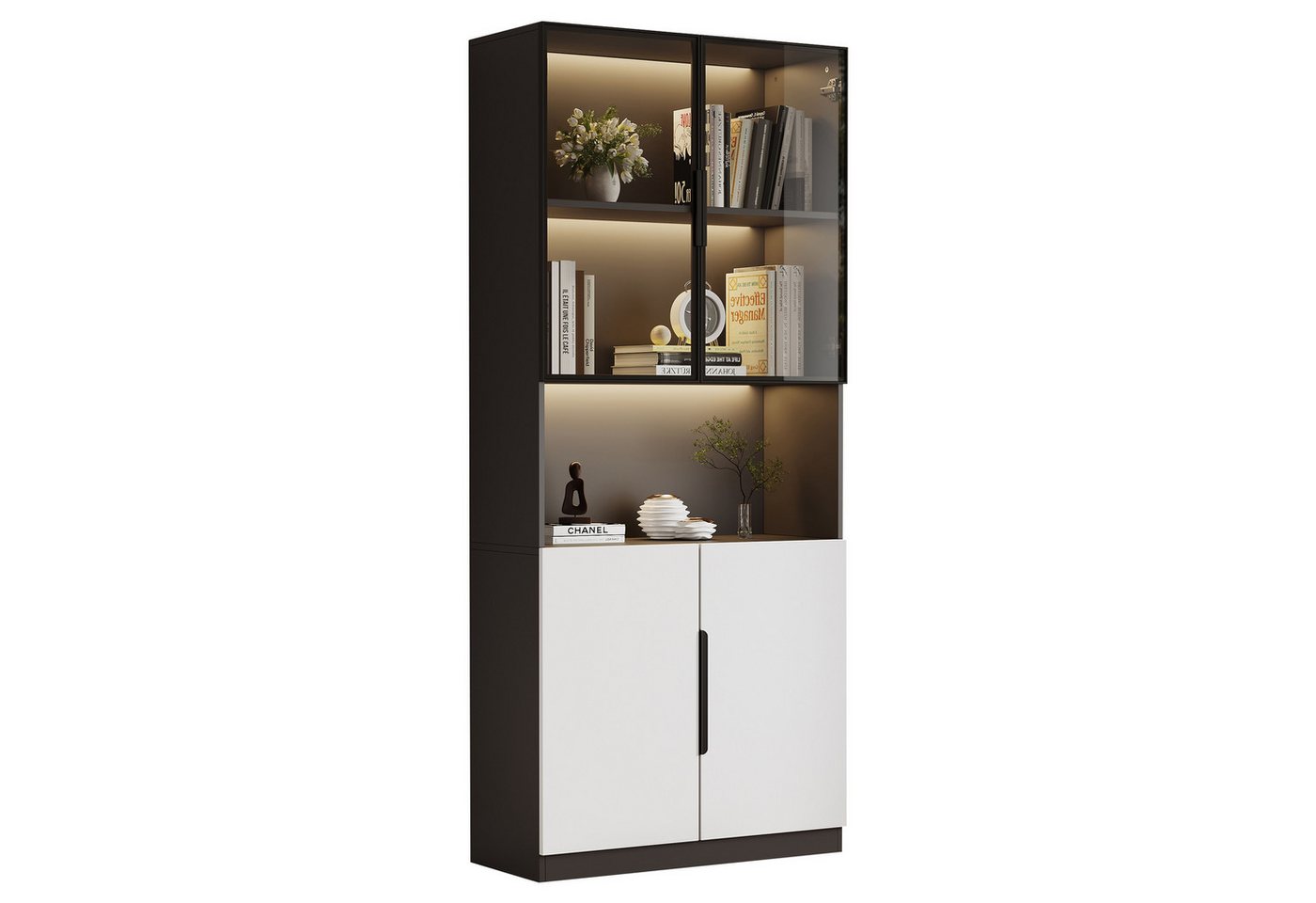 BlingBin Vitrine Moderne Minimalistische Standvitrine mit Glastüren und LED-Leuchten (1er Set, 1-St., 80*30*200cm, Tragend: 30KG, Weiße Türen mit Schwarzer Dekoration) Bücherregal für Sammlerstücke, Einstellbare Farbtemperatur & Helligkei von BlingBin