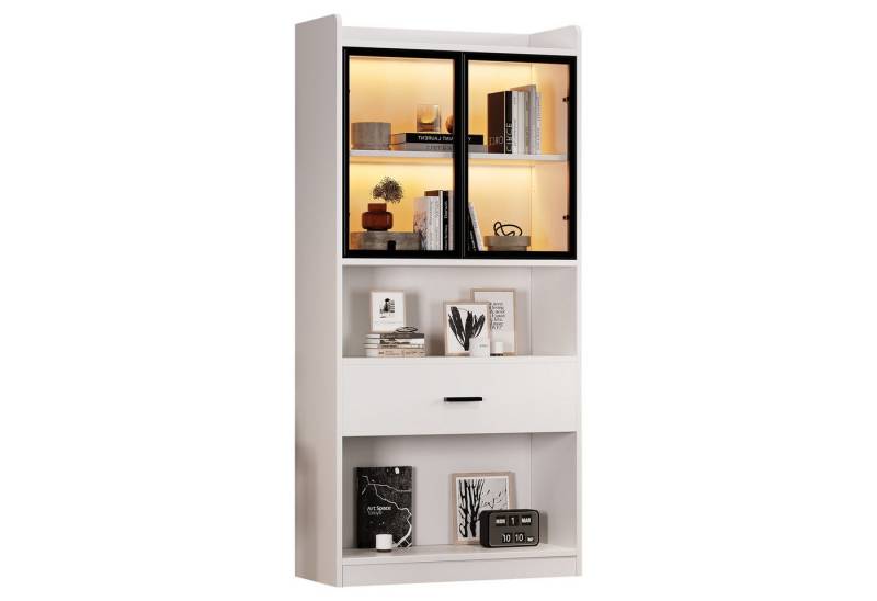 BlingBin Vitrine Moderne Minimalistische Standvitrine mit Glastüren und LED-Leuchten (1er Set, 1-St., 80*35.2*153.5 cm, Tragfähigkeit: 50KG) Bücherregal Vitrine für Wohnzimmer Büro, Schwarzer Türrahmen, Weiß von BlingBin