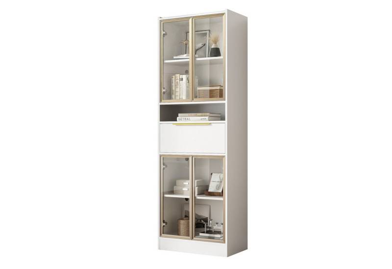 BlingBin Vitrine Moderner Hochschrank, Vitrinenschränke Glastürenschrank Bücherschrank (Ausstellungsregal mit 16-Farb-LED & Bluetooth, mit Glasfront & Schublade, MDF & Sicherheitsglas, 1-St., Gesamtabmessungen: 60×35×180cm, Produktladung: 45KG) Stauraum & Beleuchtung für Wohnzimmer, Büro oder Arbeitszimmer, Weiß von BlingBin