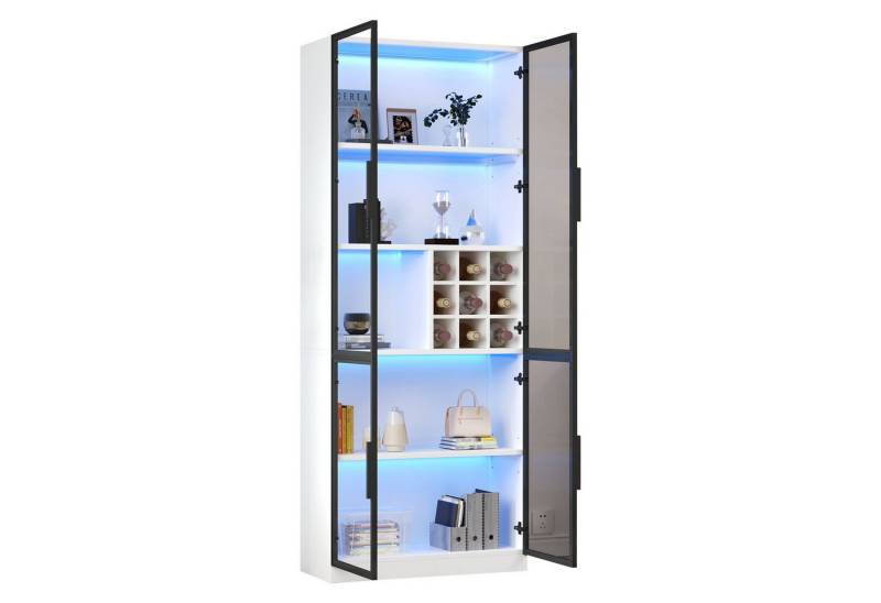 BlingBin Vitrine Standvitrine Glasvitrine mit LED-Beleuchtung 5 Ebenen Hochschrank (Weinschrank, 1-St., 80x35x200 cm, Glasregal und Weinhalterung) Bücherschrank,Standvitrine,Weinschrank Sideboard mit Doppeltüren von BlingBin