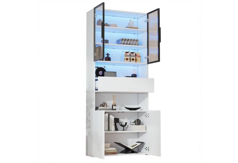 BlingBin Vitrine Vitrinenschränke Standvitrine Hochschrank, LED Glasvitrine (Aufbewahrungsschrank Mit 1 Schublade, 2 Offene Fächer und 4 Türen, 1-St., Größe: 70*30*200cm, Belastbarkeit: 150kg) Moderner Bücherschrank für Wohnzimmer, Spanplatte, Weiß von BlingBin