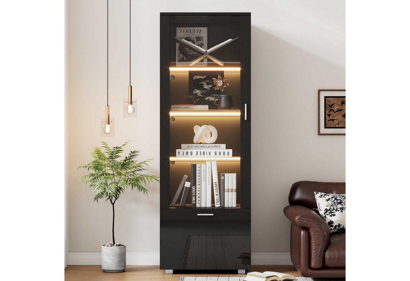 BlingBin Vitrine Vitrinenschränke Standvitrine Wohnzimmerschrank Stauraumvitrine (1-St., Hochglanz,schwarz,mit Glastüren, LED-beleuchtete, 3 Fachböden) für Sammlerstücke,Parfümschränke,Bücherregale,Glasvitrinen,40x50x160cm von BlingBin