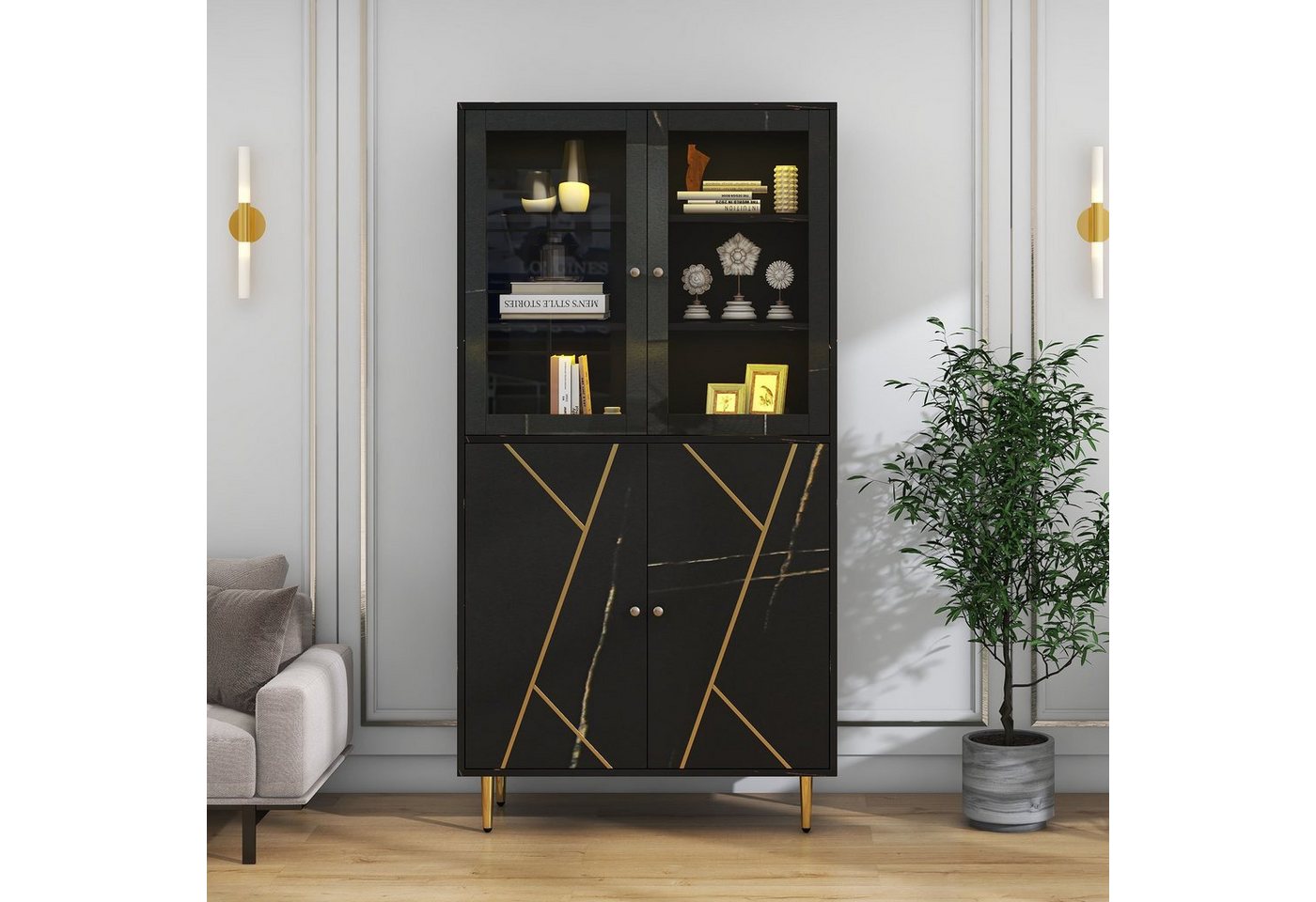 BlingBin Vitrine Wohnzimmerschrank Schrank (4 Türen und 7 Regale, Glasfenster, hohe: 180cm) Mit 16-farbigen LED-Lichtern und 4 Blitzeffekten, Ein-Aus-Fembedienung von BlingBin