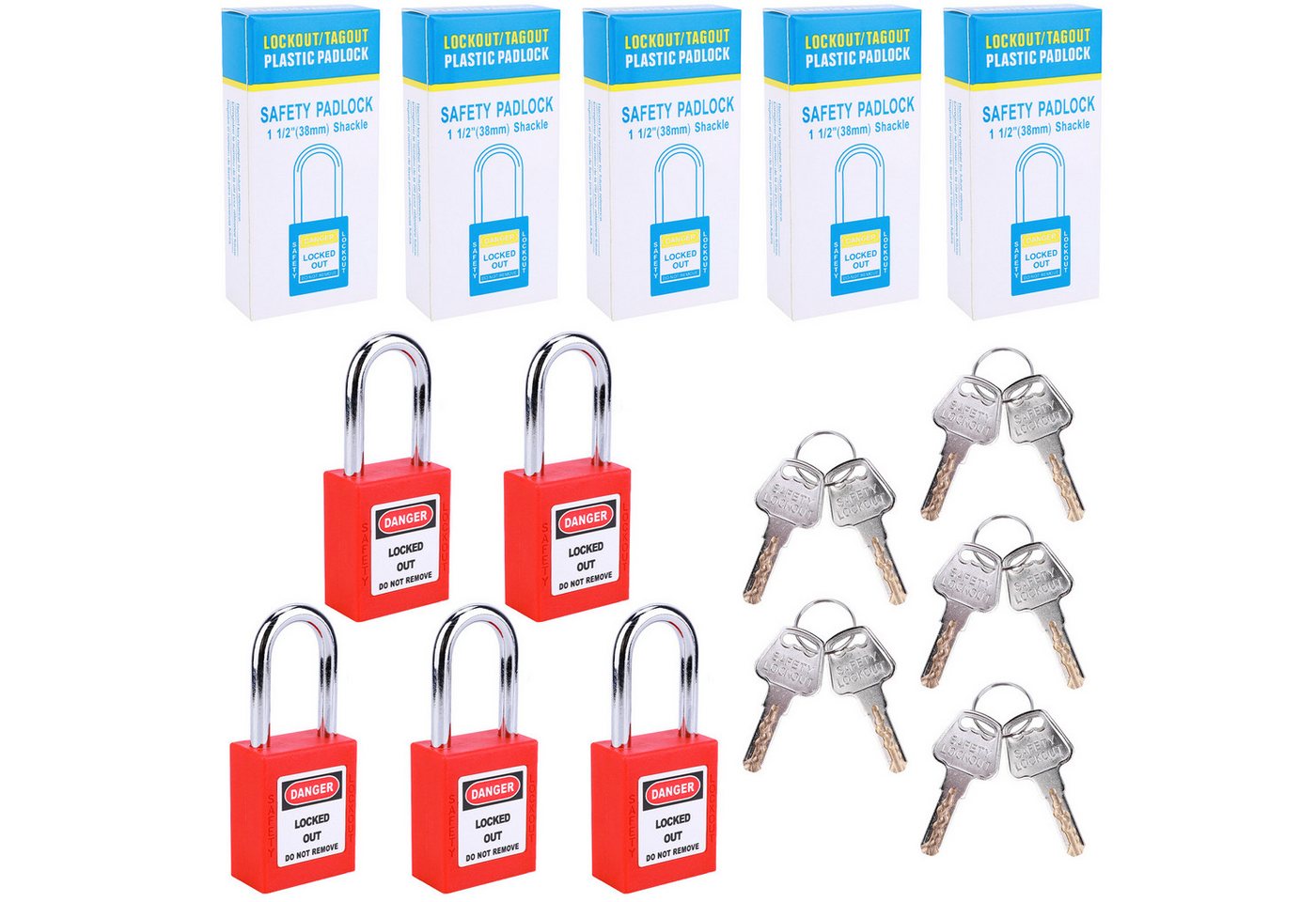 BlingBin Vorhängeschloss Lockout Tagout-Schlösser 5 Sätze Sicherheitsvorhängeschloss, (5er Set, 5-tlg., 5pcs), 38mm Lock Out Tag Out Vorhängeschlösser Set von BlingBin