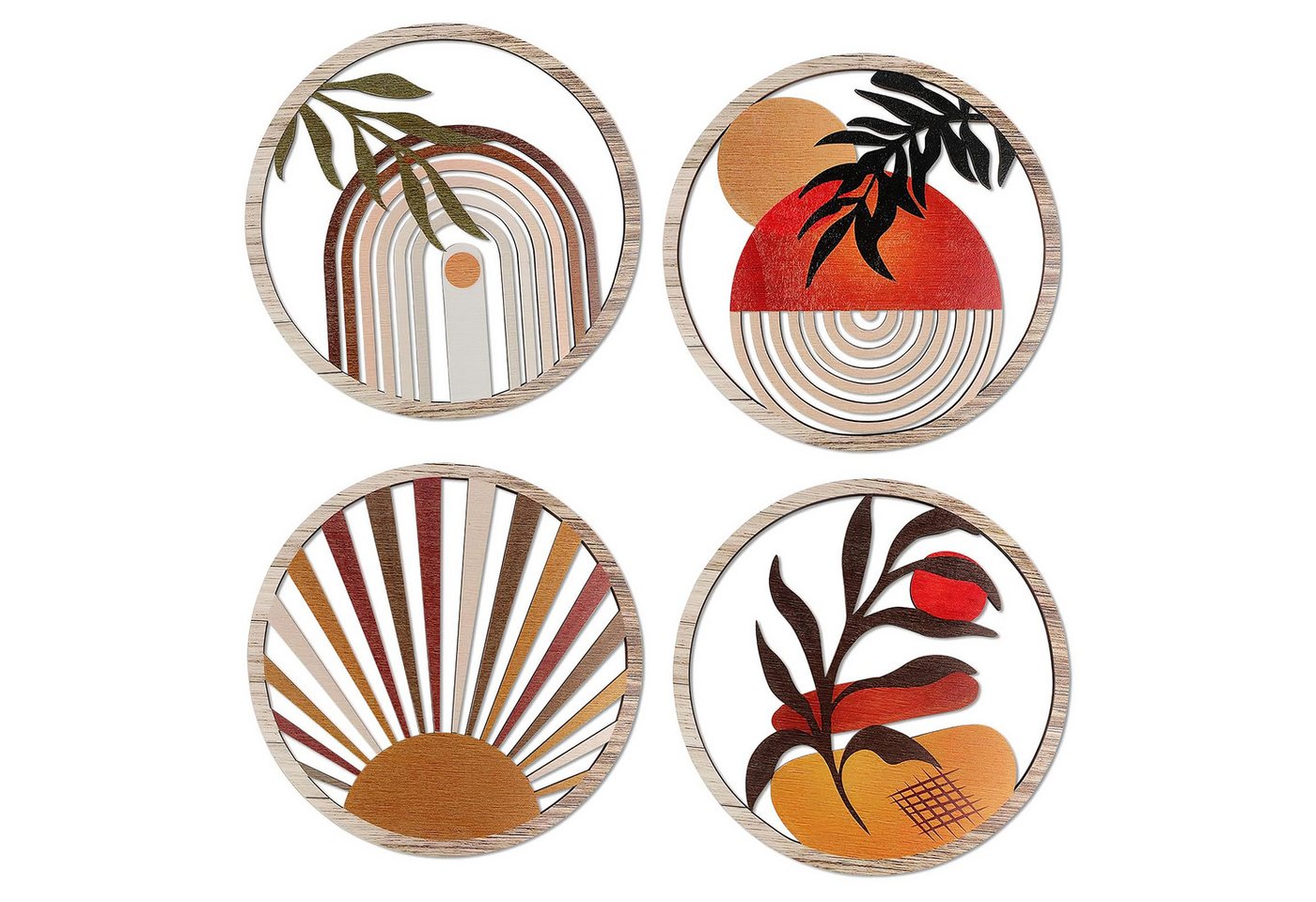 BlingBin Wanddekoobjekt 4 Stück Boho-Wandkunst aus Holz, Wandaufkleber, Wanddekoration (1er Set, 4 St., 4x Boho-Wanddeko aus Holz (je 20 x 20 cm), Wanddeko 3D Runde Wanddekoration für Wohnzimmer Bauernhaus Wohnzimmer von BlingBin