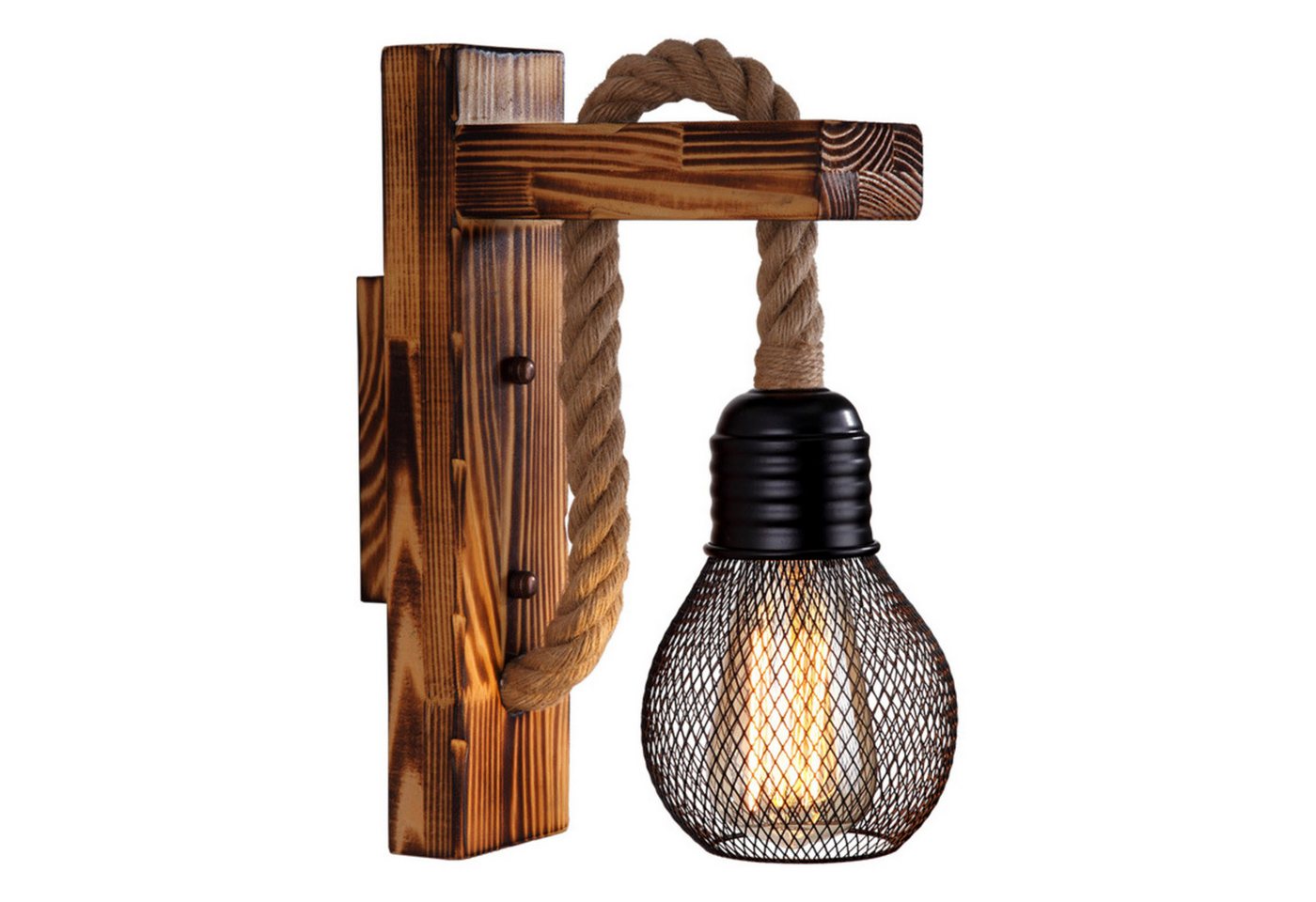 BlingBin Wandleuchte Innen, E27 Hanfseil Wandlampe Lampenschirm mit Holzbalken, Industrielle Wandlampe aus Holz, Hanfseil, Kunststoff, ohne Leuchtmittel, Retro Wandlampe für Schlafzimmer, Restaurant, Bar, Schwarz von BlingBin