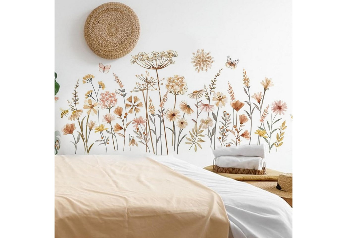 BlingBin Wandtattoo Boho Wandaufkleber Wildblume Löwenzahn Schmetterlinge Löwenzahn (1er Set, 1 St., 1pcs), Wandsticker Schlafzimmer Wohnzimmer Sofa Hintergrund Wanddeko von BlingBin