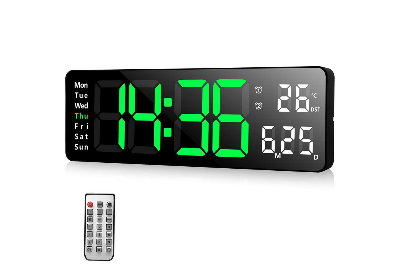 BlingBin Wanduhr 13-Zoll Digitale Wanduhr Elektronische Uhr grünes LED Licht Uhrzeit (Großdisplay Digitaluhr LED-Wanduhr mit Fernbedienung Doppelter Wecker) von BlingBin