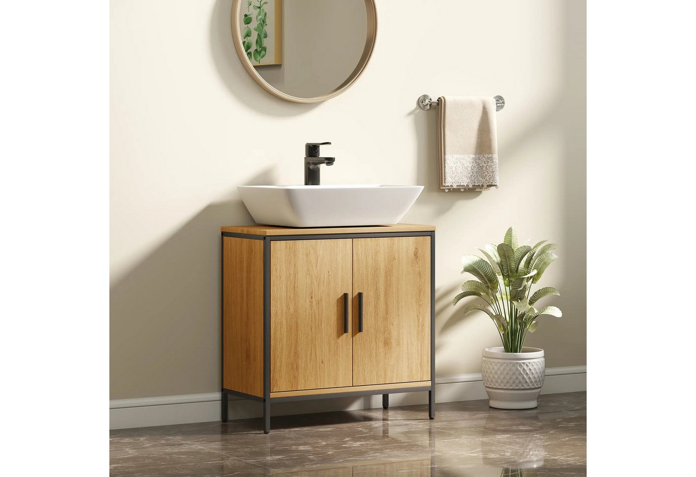 BlingBin Waschbeckenunterschrank Unterschrank mit 2 Türen, einstellbarem Regal, Badezimmerschrank (1er Set, 1-St., 60cm x 30cm x 60cm) Regal mit Stahlrahmen, für Waschbecken ohne Sockel von BlingBin