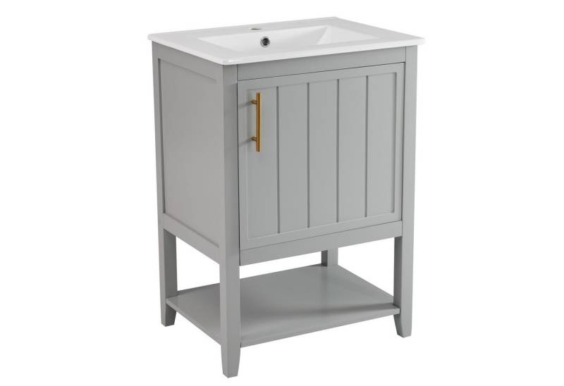 BlingBin Waschtisch Badmöbel Einzelwaschtisch, Waschtischunterschrank 60 cm (1er Set, 1-St., Wasserdicht, Kratzfest, für Badezimmer Renovierung & Neue Wohnungen), mit Keramikwaschbecken,mit Ablage,hellgrau von BlingBin