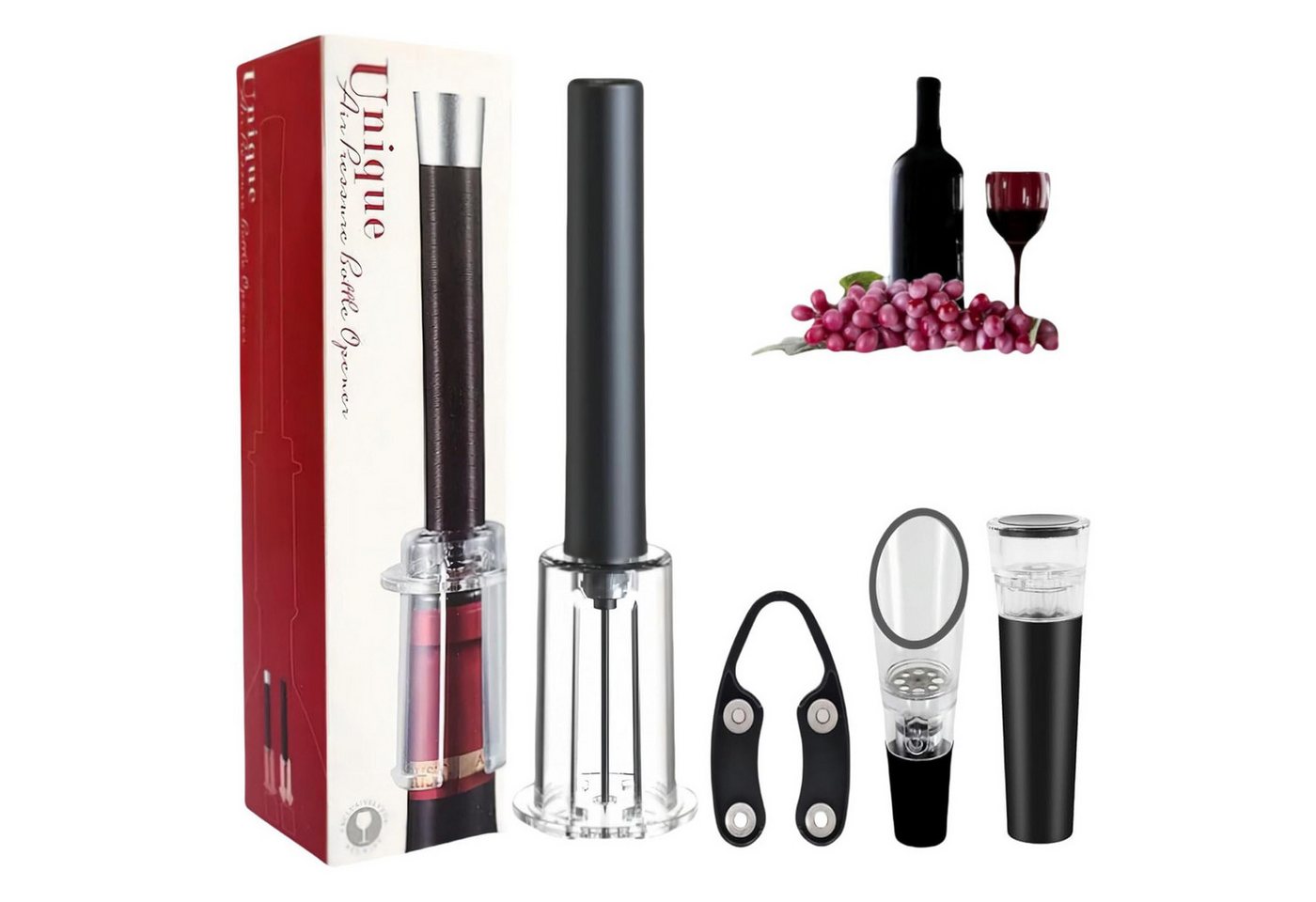 BlingBin Weinflaschenöffner Weinflaschenöffner Set, 4-in-1 Weinöffner Set, Flaschenöffner-Set (Korkenzieher Set Enthält Folienschneider, Weinausgießer und Vakuum Weinverschluss, 1-tlg., 5*5*19,5cm), Profi Flaschenöffner Geschenk für Weinliebhaber, Freunde, Schwarz BlingBin Weinflaschenöffner Weinflaschenöffner Set, 4-in-1 Weinöffner Set, Flaschenöffner-Set (Korkenzieher Set Enthält Folienschneider, Weinausgießer und Vakuum Weinverschluss, 1-tlg., 5*5*19,5cm), Profi Flaschenöffner Geschenk für Weinliebhaber, Freunde, Schwarz von BlingBin