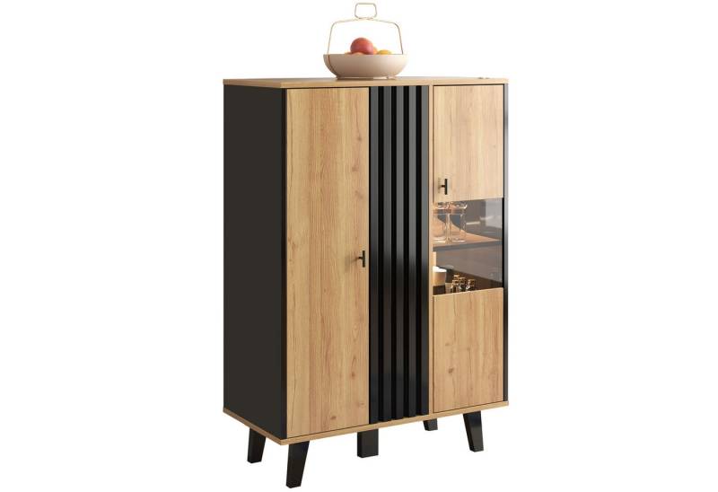 BlingBin Wohnwand, (1er Set, 1-St., Enthält Laminate, eine Kombination aus Schwarz und Holzfarben), Beistellschränke, Sideboard, Vitrinen mit Glas und LED-Beleuchtung von BlingBin