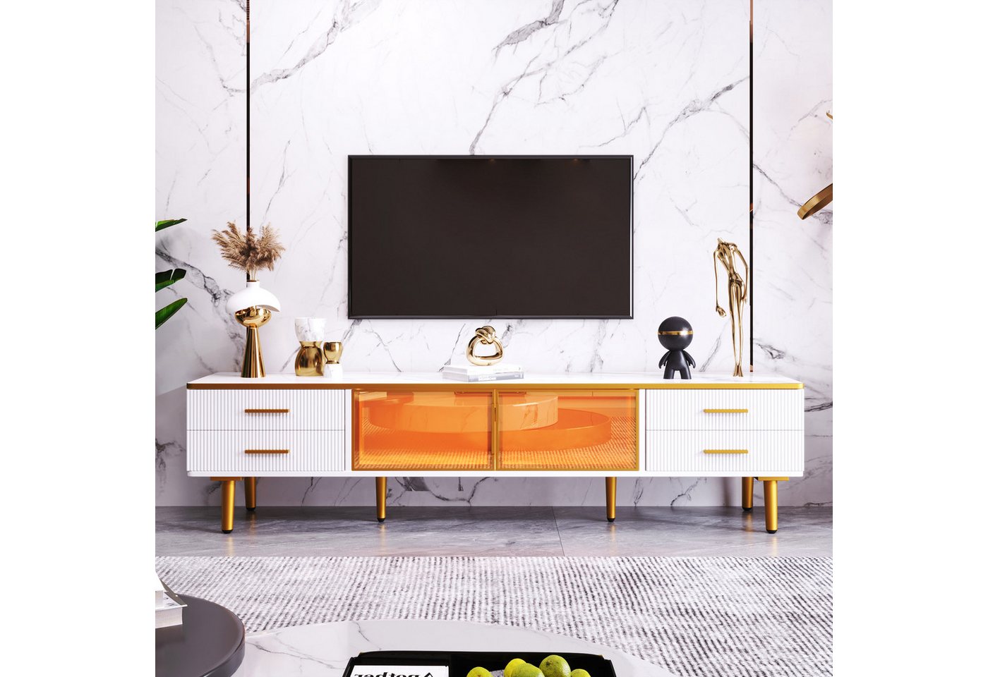 BlingBin Wohnwand Couchtisch, TV-Schrank, TV-Lowboards, (1er Set, 1-St., 4 Schubladen mit Goldenen Griffen & 2 Braune Türen aus Gehärtetem Glas), Modernes TV-Lowboard für Wohnzimmer, 170x37x47,5cm von BlingBin