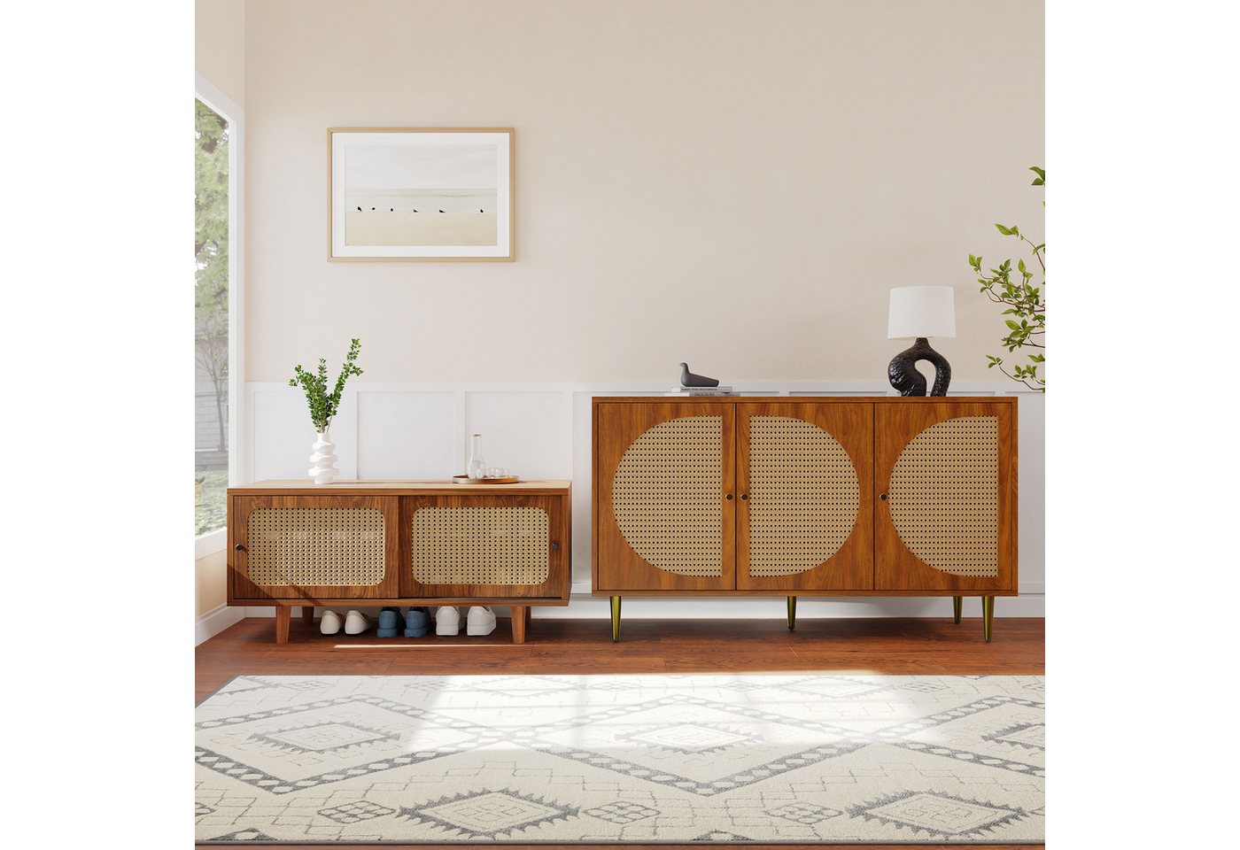 BlingBin Wohnzimmer-Set Kombination aus Rattan-Kommode und Schuhschrank, (2er Set, 2-St., Sideboard mit 3 Rattan Verzierten Türen, 129.8x 40x 76cm), Rattan Schuhschrank mit 2 Türen mit Verstellbare Ablage, 104*40*48 cm von BlingBin
