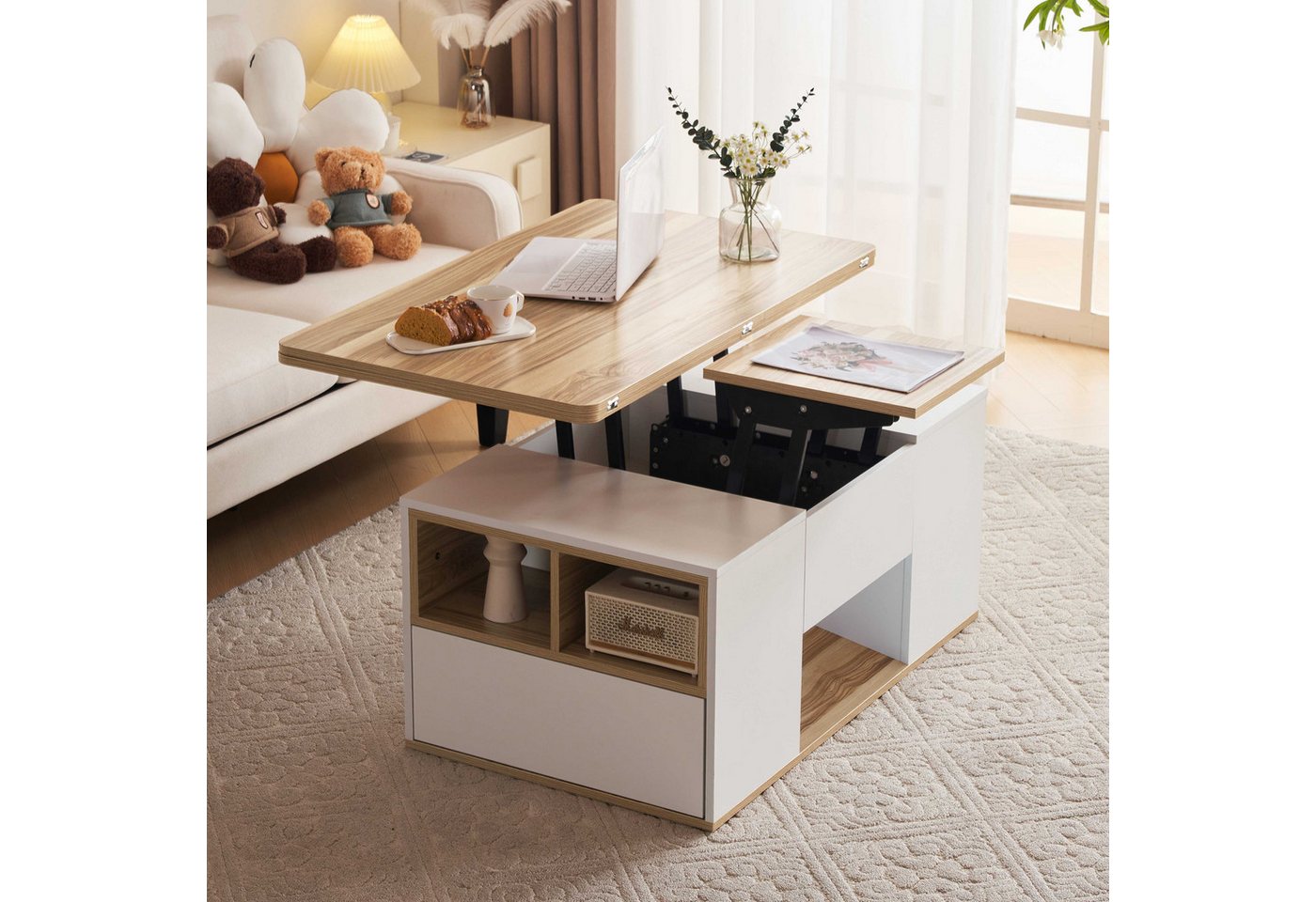 BlingBin Wohnzimmertisch Couchtisch Kaffeetisch Beistelltisch (1-St., mit Doppel-Hebemechanismus,2 Türen,Belastbar bis 50 kg), Weiß,100x50x43cm,verstecktem Stauraum von BlingBin