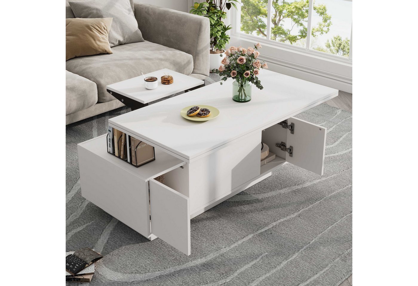 BlingBin Wohnzimmertisch Couchtisch Kaffeetisch Beistelltisch (1-St., mit Doppel-Hebemechanismus,2 Türen,Belastbar bis 50 kg), Weiß,100x50x43cm,verstecktem Stauraum von BlingBin