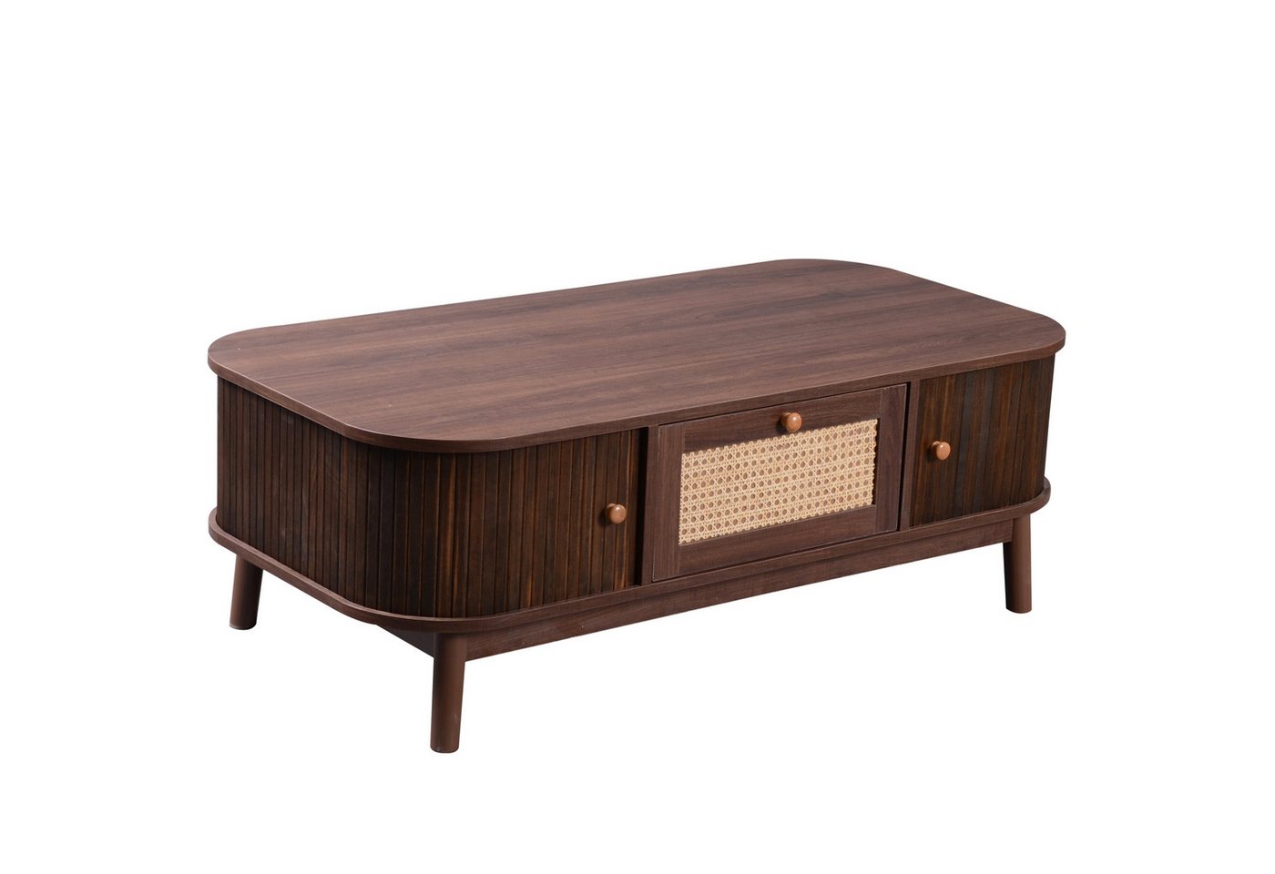 BlingBin Wohnzimmertisch Couchtisch Rattan-Kaffeetisch (1-St., Breite 110 CM), Schubladen mit Rattan und Schiebetüren mit Massivholzlatten von BlingBin