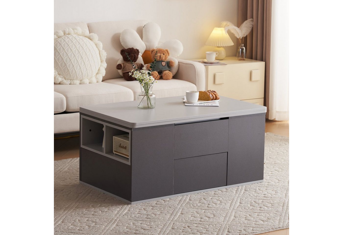 BlingBin Wohnzimmertisch Hebbarer Multifunktions-Couchtisch 2-in-1-Design (1-St., 3 Schubladen und offene Ablagefächer), Desktop kann vergrößert werden, moderne Wohnzimmermöbel von BlingBin