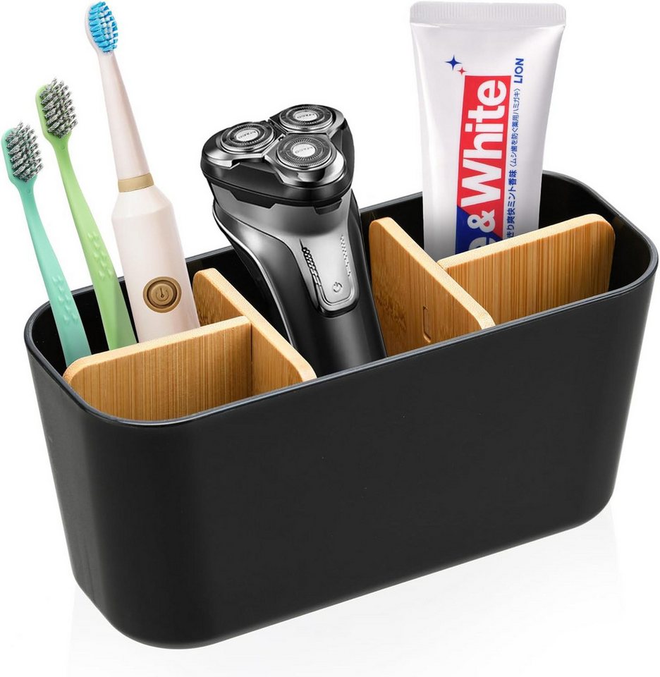 BlingBin Zahnbürstenhalter Bambus Trennwände Toothbrush Holder Badezimmer Organizer, (1er Set, 1-St., 1pcs), mit 4 Zahnbürstenfächer + 1 Zahnpastafach Geeignet für Büro Wohnzimmer von BlingBin