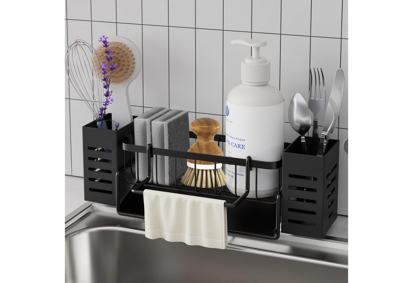 BlingBin Zubehöraufbewahrungsständer Spülbecken Organizer, Edelstahl Küchen Organizer mit Ablaufwanne, Zubehör für Spülbecken Organizer mit Abtropfwanne, Geschirr-Abtropfgestell, Abtropfgestell Küche, Geschirrständer für die Küchenarbeitsplatte mit Abfluss abnehmbarem, platzsparend & langlebig, rostfrei, mit Handtuchhalter und Aufbewahrungsbox für Spülbürste von BlingBin