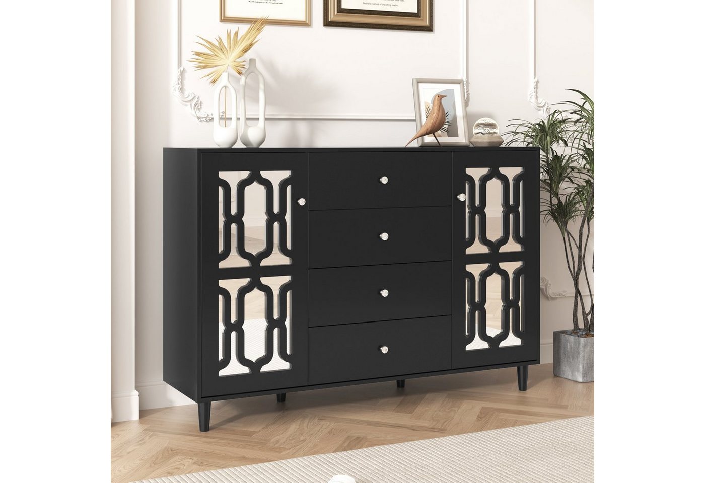 BlingBin Anrichte verspiegelte sideboard mit kühlen Kristallgriffen Breite 147CM Schwarz (Zwei Türen und vier Schubladen), 147 L x 40 B x 102 H(cm) von Blingbin