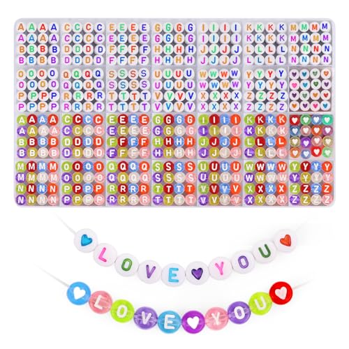BlingFun 1850PCS Alphabet Perlen Set – Doppelte bunte A-Z Buchstaben, 28 Arten Herzperlen für Freundschaftsarmbänder, DIY Schmuck Kit von Blingfun