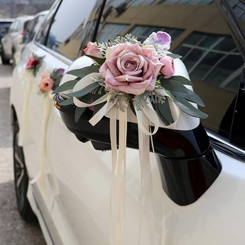 BlissFabrics 2 Stück Autoschmuck Hochzeit Autoschleifen Hochzeits Stuhl Rücken Blumen Vintage Hochzeits Künstliche Für Auto Rückspiegel Hochzeitsfeier (2,naifen) von BlissFabrics