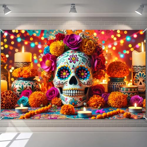 BlissYard Banner "Tag der Toten", 180 x 109 cm, Durchmesser de los Muertos, Dekoration mit buntem Zuckerschädel, Ringelblumen, Kerzen und Papel Picado für Dia de los Muertos Hintergrund von BlissYard