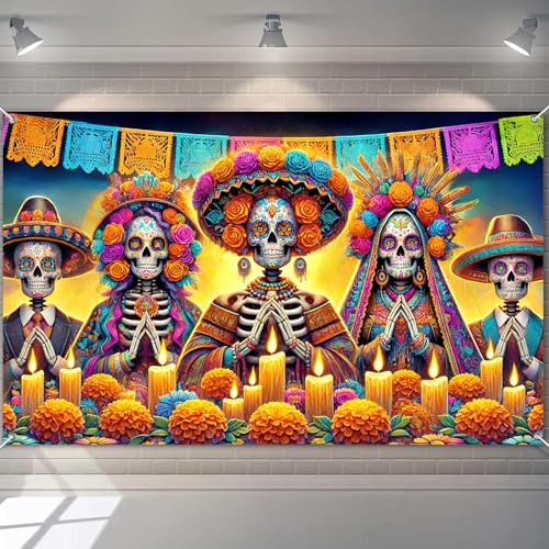 BlissYard Banner zum Tag der Toten, 180 x 109 cm, Polyester-Dekoration mit bunten Zuckerschädeln, Ringelblumen, Papel Picado und Kerzen für Dia de los Muertos Hintergrund BlissYard Banner zum Tag der Toten, 180 x 109 cm, Polyester-Dekoration mit bunten Zuckerschädeln, Ringelblumen, Papel Picado und Kerzen für Dia de los Muertos Hintergrund von BlissYard