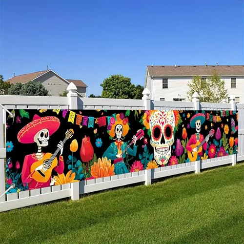 BlissYard Dia De Los Muertos Dekorationen, Banner, Zuckerschädel, Skelette, Design für drinnen und draußen, Gartenzaun, Party-Dekoration, 295 x 50 cm, Polyestergewebe, für Mädchen oder Jungen von BlissYard