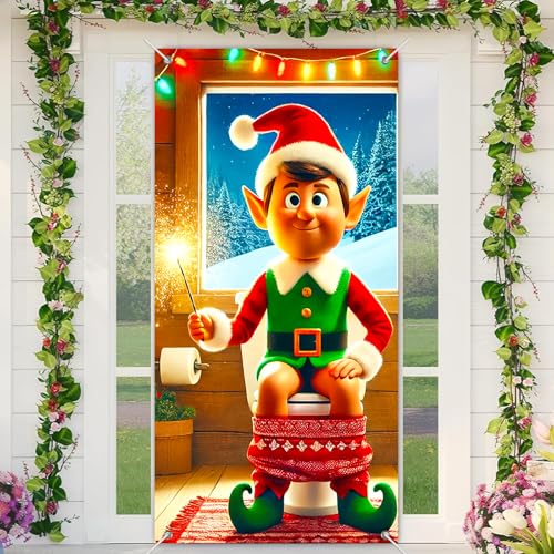 BlissYard Elfen-Badezimmer-Weihnachts-Türbanner 89,9 x 180,9 cm, Urlaubswanddisplay mit lustigem Weihnachtsmann auf Toilette, für den Winter, Willkommensabschluss, Herbst, Innen- und Außenbereich von BlissYard