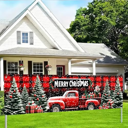 BlissYard Frohe Weihnachten Banner 200 x 45 cm rot schwarz kariert Xmas Truck Hintergrund Urlaub Dekorationen für Indoor Outdoor Wand Hof Zaun Garage Party Supplies Schnee Baum Geschenk Design von BlissYard