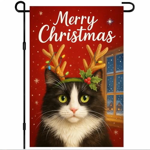 BlissYard Frohe Weihnachten Gartenflagge, 30,5 x 45,7 cm, Weihnachtskatze, doppelseitig, mit getigerbter Katze, rotem Schal, Schneeflocken, Ornamenten und Kiefernbaum-Hintergrund für den Außenbereich BlissYard Frohe Weihnachten Gartenflagge, 30,5 x 45,7 cm, Weihnachtskatze, doppelseitig, mit getigerbter Katze, rotem Schal, Schneeflocken, Ornamenten und Kiefernbaum-Hintergrund für den Außenbereich von BlissYard