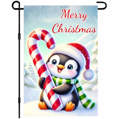 BlissYard Gartenflagge "Merry Christmas", 30,5 x 45,7 cm, doppelseitig, mit Pinguin, Zuckerstange und Weihnachtsmannmütze für Veranda, Rasen, Terrasse von BlissYard