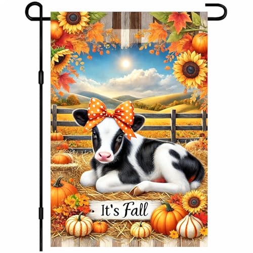 BlissYard Gartenflagge mit Aufschrift "It's Fall", niedliches Kalb, Kürbisse, Sonnenblumen, Bauernhof, Landschaft, Herbstdekoration, 30,5 x 45,7 cm, doppelseitiges Banner für Veranda, Rasen, Terrasse von BlissYard