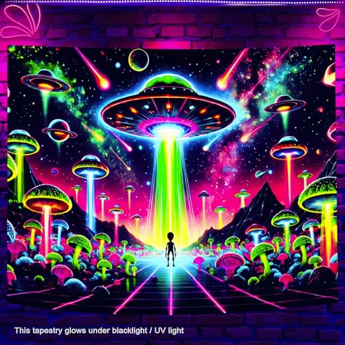 BlissYard Glowing Tapestry Trippy Mushroom UFO Space Tapestries 78x59 Inch Cool Alien Tapestry UV Reactive Psychedelic Neon Galaxy Space Tapestry Wall Hanging Poster Bedroom Living Room Dorm Decor von BlissYard