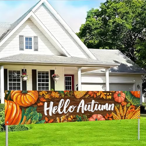 BlissYard Hallo Herbst Dekorationen Banner 295,7 x 50,8 cm Polyestergewebe Herbsternte Outdoor Veranda Schild Kürbisse Blätter Design für Indoor Outdoor Garten Zaun Banner Partyzubehör von BlissYard