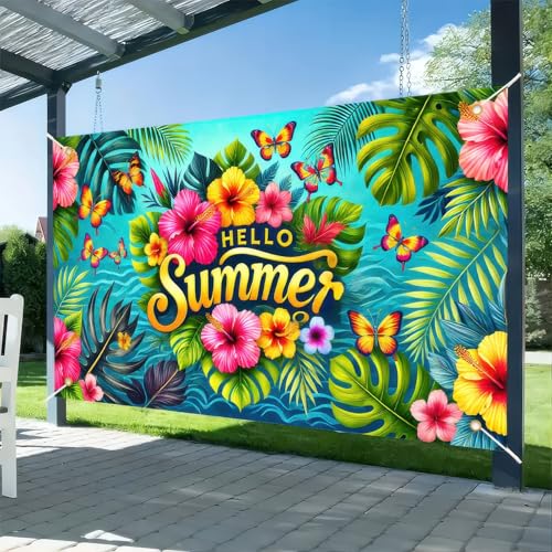 Hallo Sommer Hintergrund Banner 180,3 x 109,2 cm Blume Schmetterling Hallo Sommer Outdoor Dekorationen Supplies Tropischer Strand Hawaii Party Themed Photo Booth Requisiten von HOMETITUTE