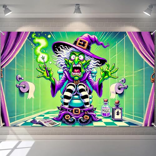 BlissYard Halloween-Banner, skurriles Hexen-Badezimmer-Banner, 180 x 109 cm, hängende Dekoration mit gruseligen – lustige Charakter-Elemente, Dekoration für Zuhause, Urlaub, Fotohintergrund von BlissYard