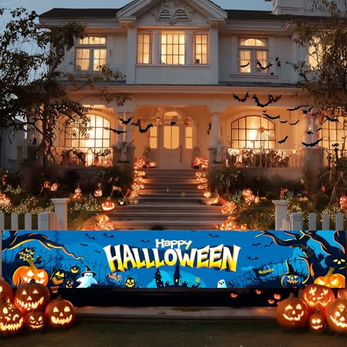 BlissYard Halloween-Dekoration, Banner, Gartenzaun, Party-Dekoration, gruseliges Spukhaus, Kürbisse, Fledermäuse, Geister-Design für drinnen und draußen, Polyestergewebe, für Mädchen oder Jungen von BlissYard